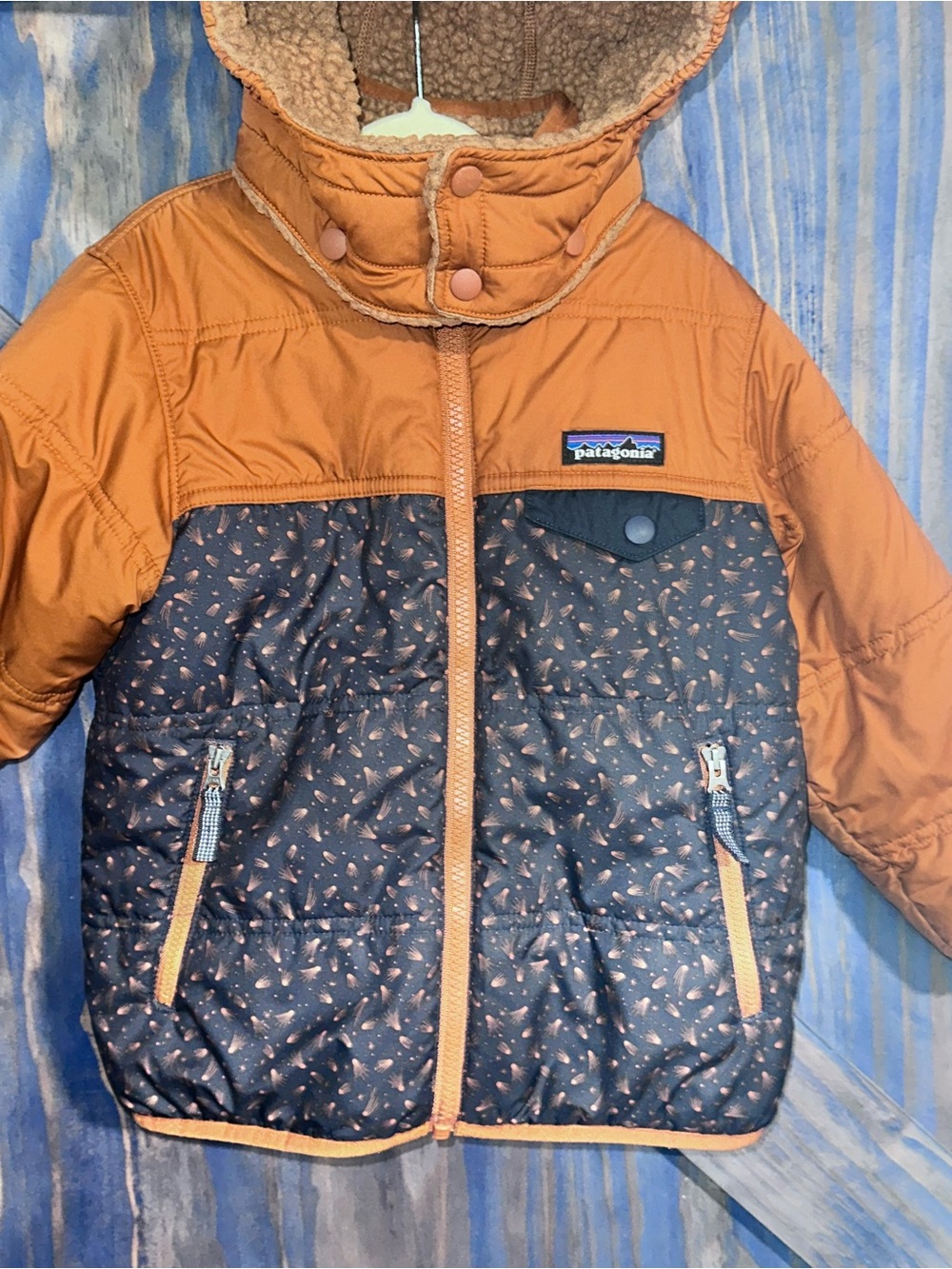 Patagonia Kids Orange and Navy Puffer Jacket with Printed Body